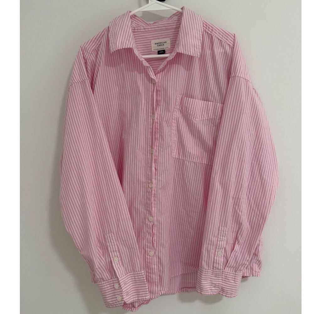 American Eagle Pink White Striped Oversized Boyfriend Button Up Shirt L